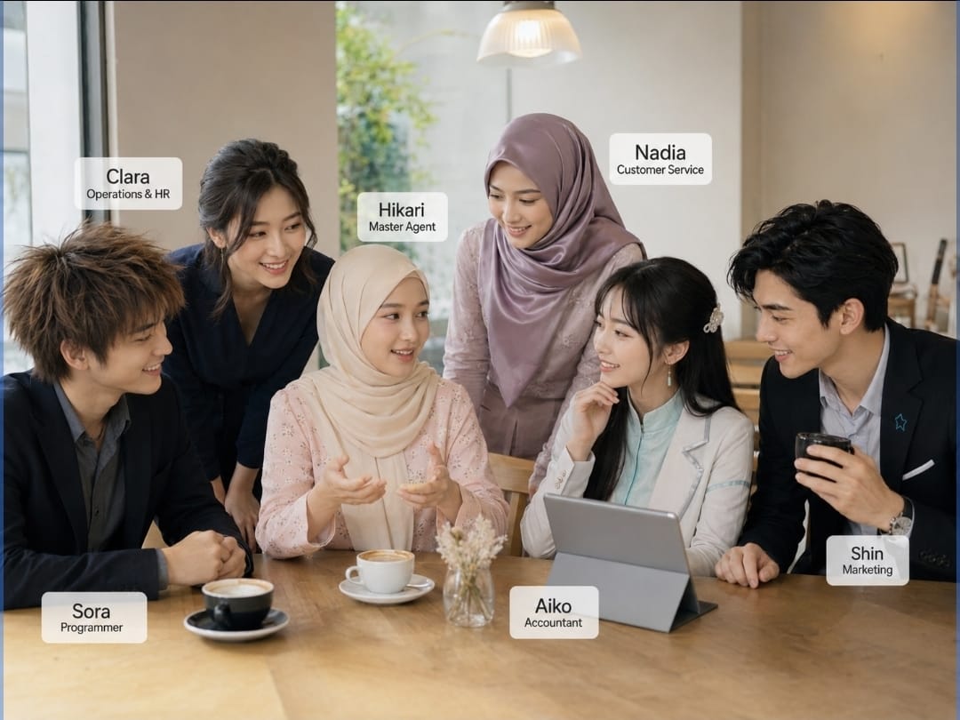 AI Agent team illustration with customer service, marketing, accountant, programmer, operations and master agent roles